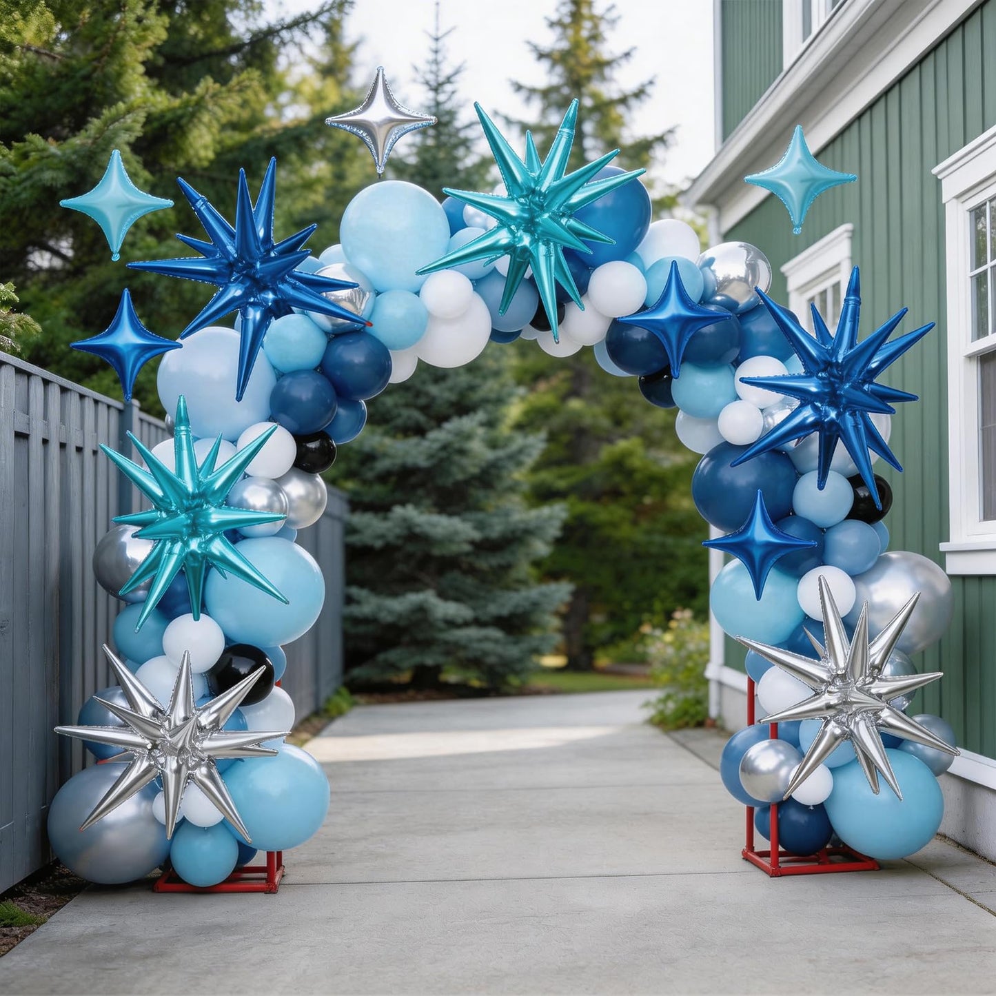Blue Silver Star Balloons Kit with 6pcs 22in Cone Foil Balloons and 10pcs 10in Four Pointed Star Balloons for Birthday Anniversary Disco Party Decorations