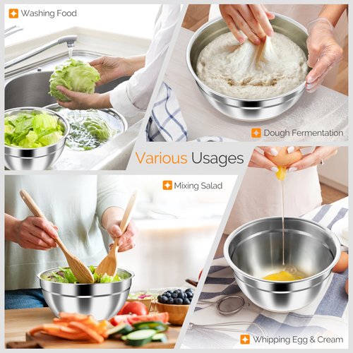 HaWare Mixing Bowls, 24-Piece Stainless Steel Salad Serving Bowl with Airtight Clear Lids, Metal Nesting Bowl For Kitchen Cooking Prepping Storing with 3 Graters, 4.6/2.6/1.5/1/0.7 QT, Khaki