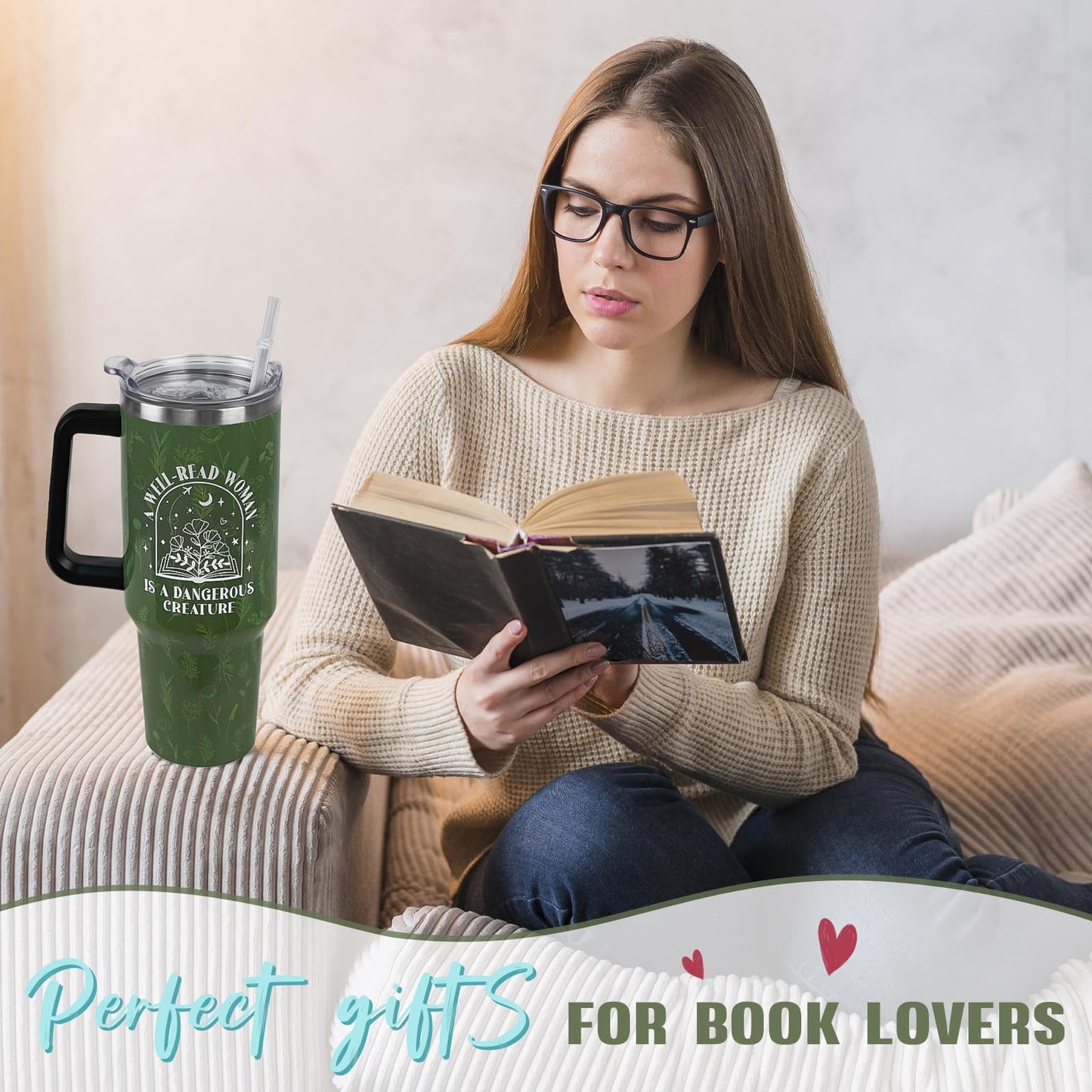 Nqhsionv Book Lovers Gifts 40oz Book Lover Tumbler with Handle and Straw Bookish Coffee Travel Mugs Insulated Cup Gifts for Women Readers,Reading,Bookish,Librarian,Books Accessories