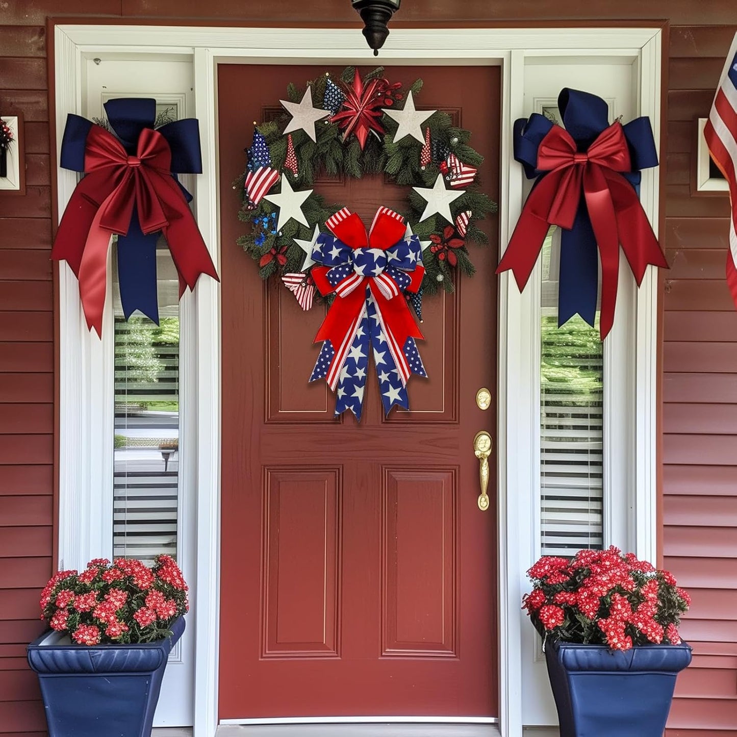 Patriotic 4th of July Bows by [Brand Name] - Pre-Tied Wired Ribbon Bows, 20x11 Inch, 2 Pack for Outdoor Decor