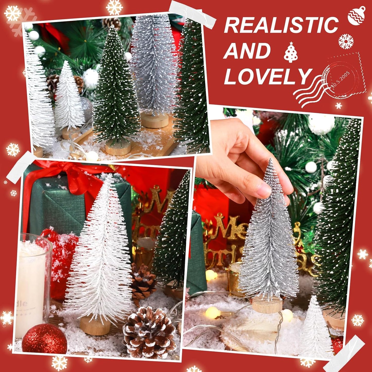 Skiennix Mini Christmas Trees - 6pcs Bottle Brush Decorations for Indoor/Outdoor Holiday Decor | Green, Silver, White