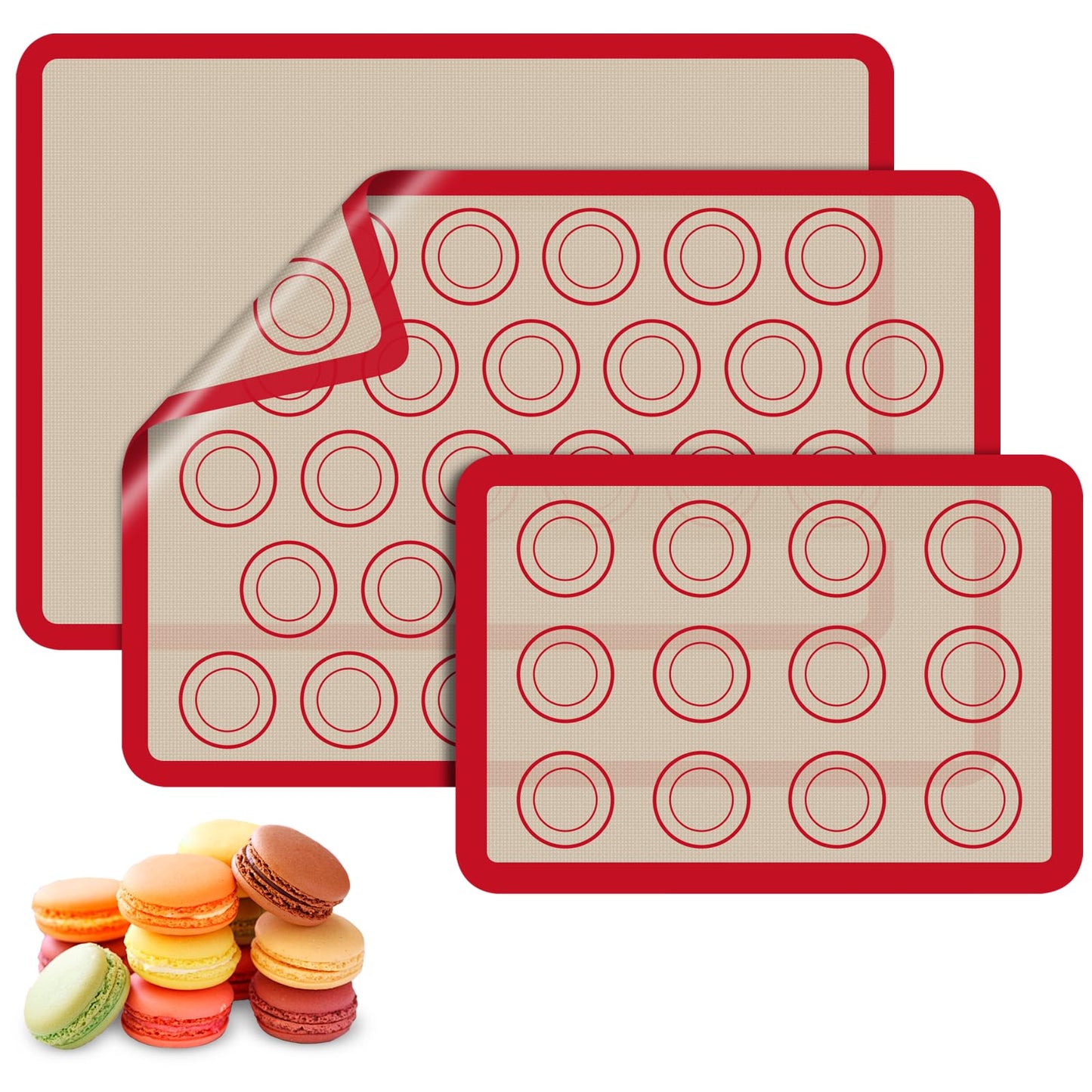 Macaron Silicone Baking Mats, 3 PCS Non Stick Macaroon Mat Silicone for Macarons, Cookie, Pastry, Red