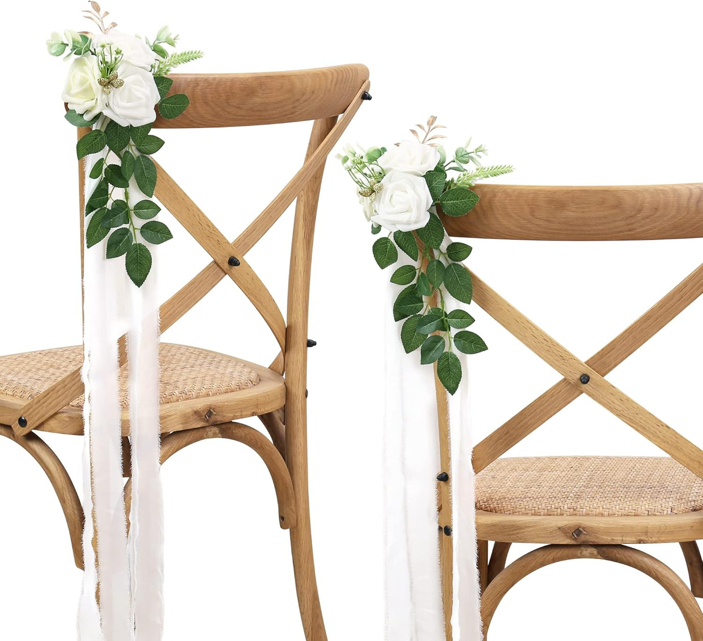 Regine Switzerland Wedding Aisle Decorations - Set of 10 Pew Flowers with Eucalyptus & Ribbons in White