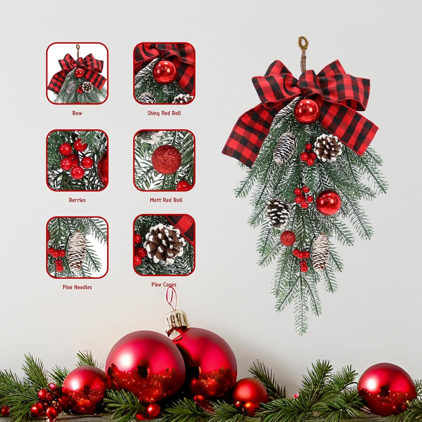 Regine Switzerland Christmas Swag | Teardrop Pine Cone Garland with Red Bow | Indoor/Outdoor Decor