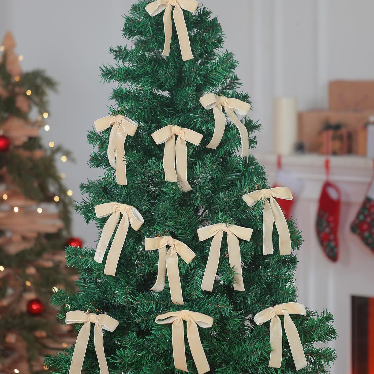 Beige Velvet Bows - 24 Pcs Christmas Tree Ornaments & Valentine's Day Decor | 5 x 7 Inch, 1 Inch Width