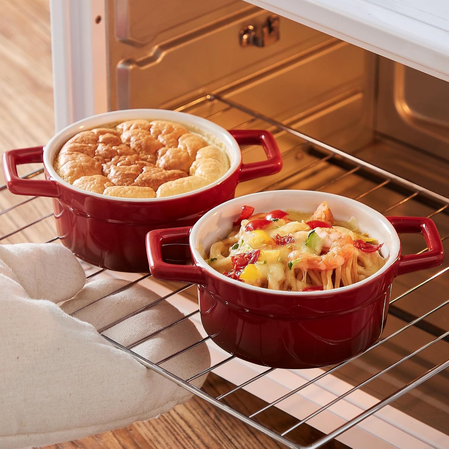 Lareina Mini Cocotte - 12oz Ceramic Casserole Dishes with Handles & Lid | Set of 4 - Red, Oven & Microwave Safe