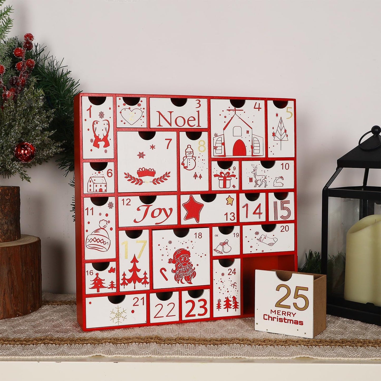 Juegoal Red Advent Calendar - 11.8 Inch Wooden Countdown Calendar with 25 Large Drawers | Hand-Painted Holiday Decor