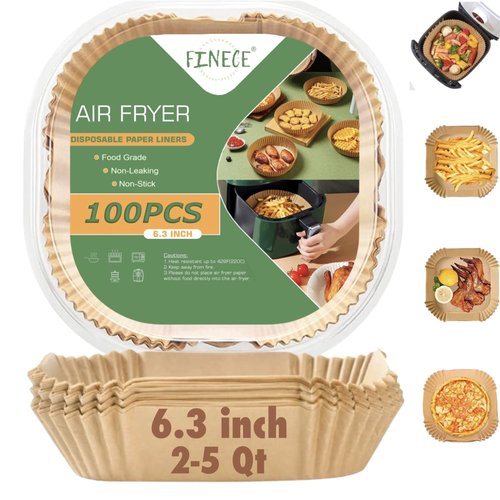 FINECE Air Fryer Liners Square, 100PCS for 2 to 5 Qt Air Fryer Disposable Paper Liner, 6.3 inch Unbleached Non-stick Oil-proof Parchment Paper