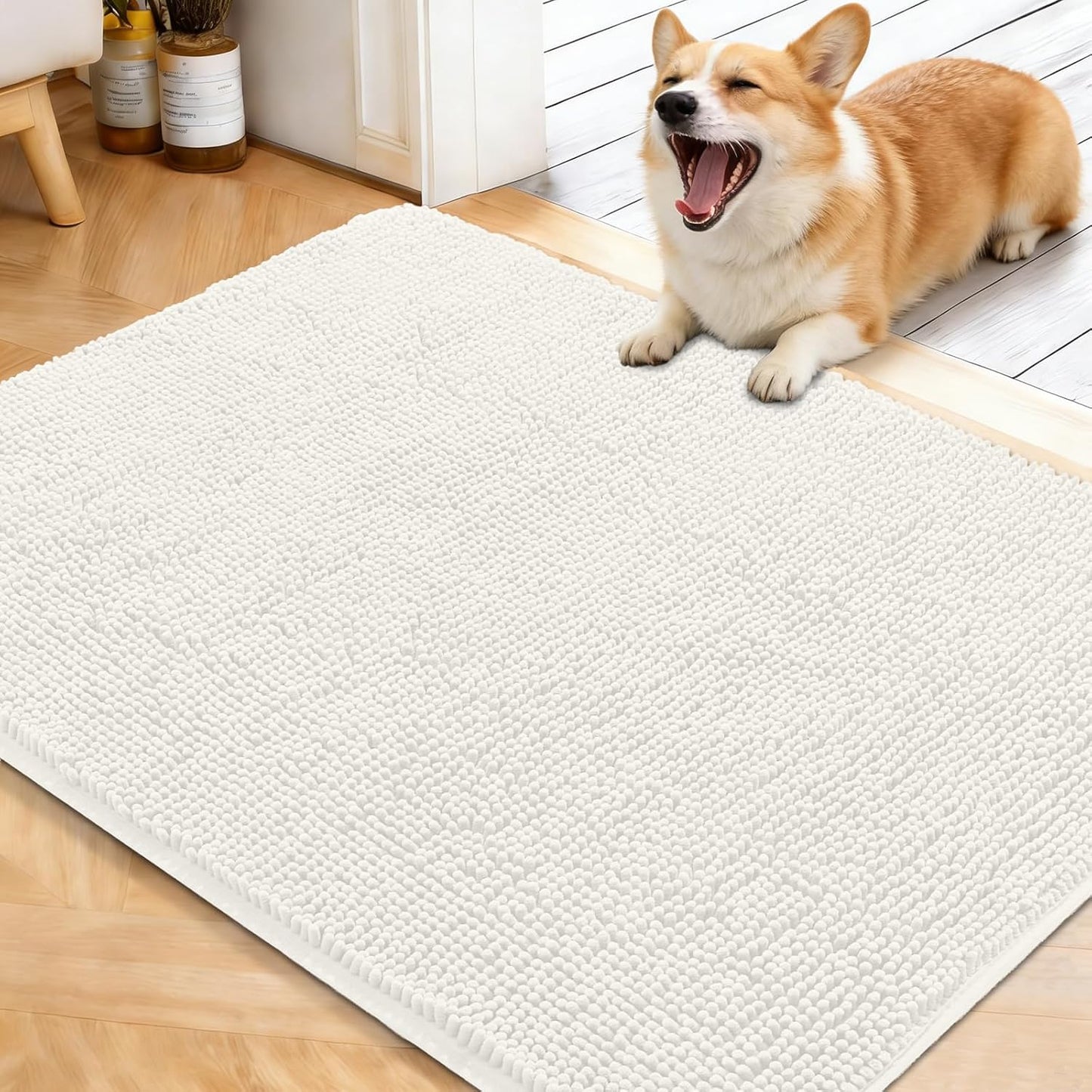 OLANLY Dog Door Mat - Absorbent Non-Slip Chenille Mat for Muddy Paws | 40x32 Ivory Quick-Dry Doormat