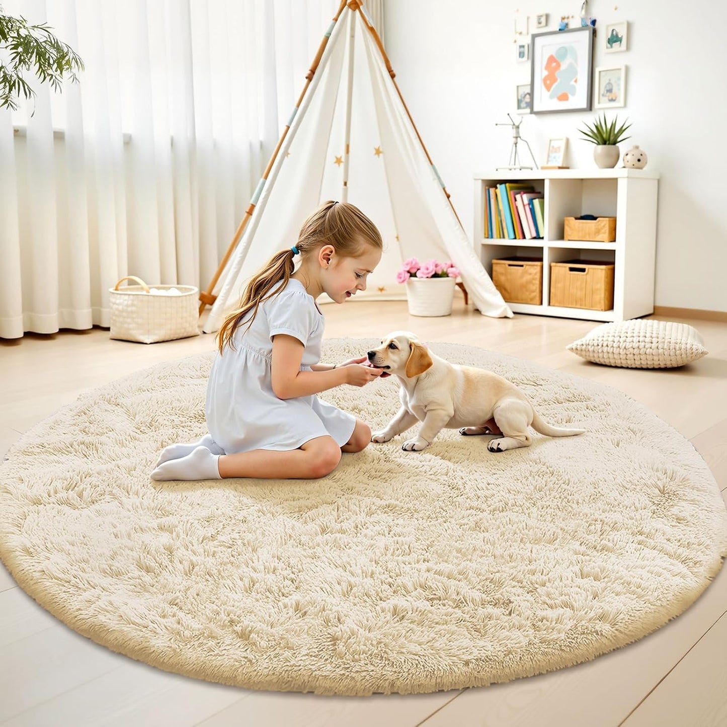 OLANLY Cream Round Area Rug - Soft, Fluffy, Machine Washable 6 ft Circle Carpet for Bedroom & Living Room