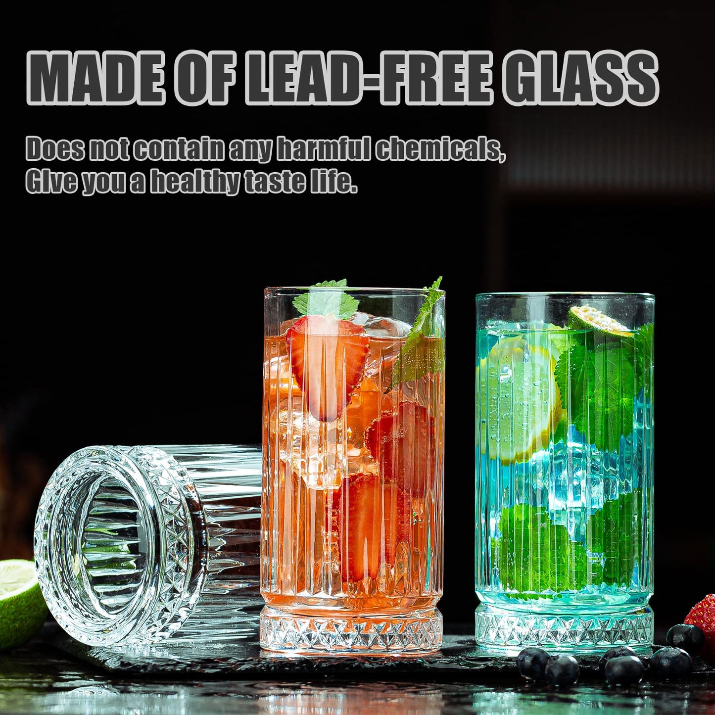 wookgreat Crystal Drinking Glasses, Set of 8 Durable Glass Cups-4 Highball Glasses 15oz & 4 Rocks Glasses 12oz, Mojito Cups, Cocktail Glass, Bar Glassware Set for Cocktail, Beer, Whiskey