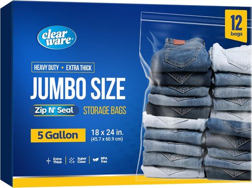 12 Large Storage Bags With Zipper Top - 5 Gallon, 18" x 24", BPA-Free, Extra Thick Plastic for Travel & Moving