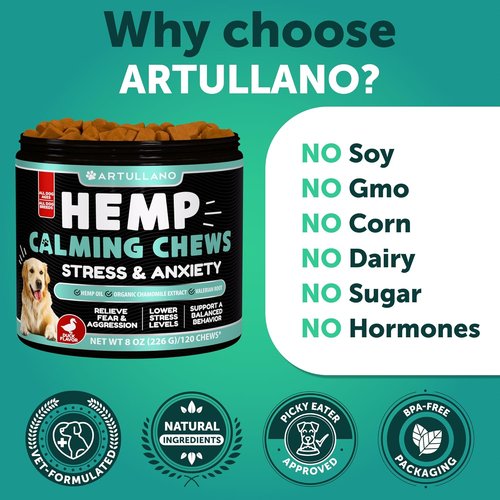 Hemp Calming Chews for Dogs - Natural Anxiety Relief Treats with Hemp Oil & Turmeric - 120 Count