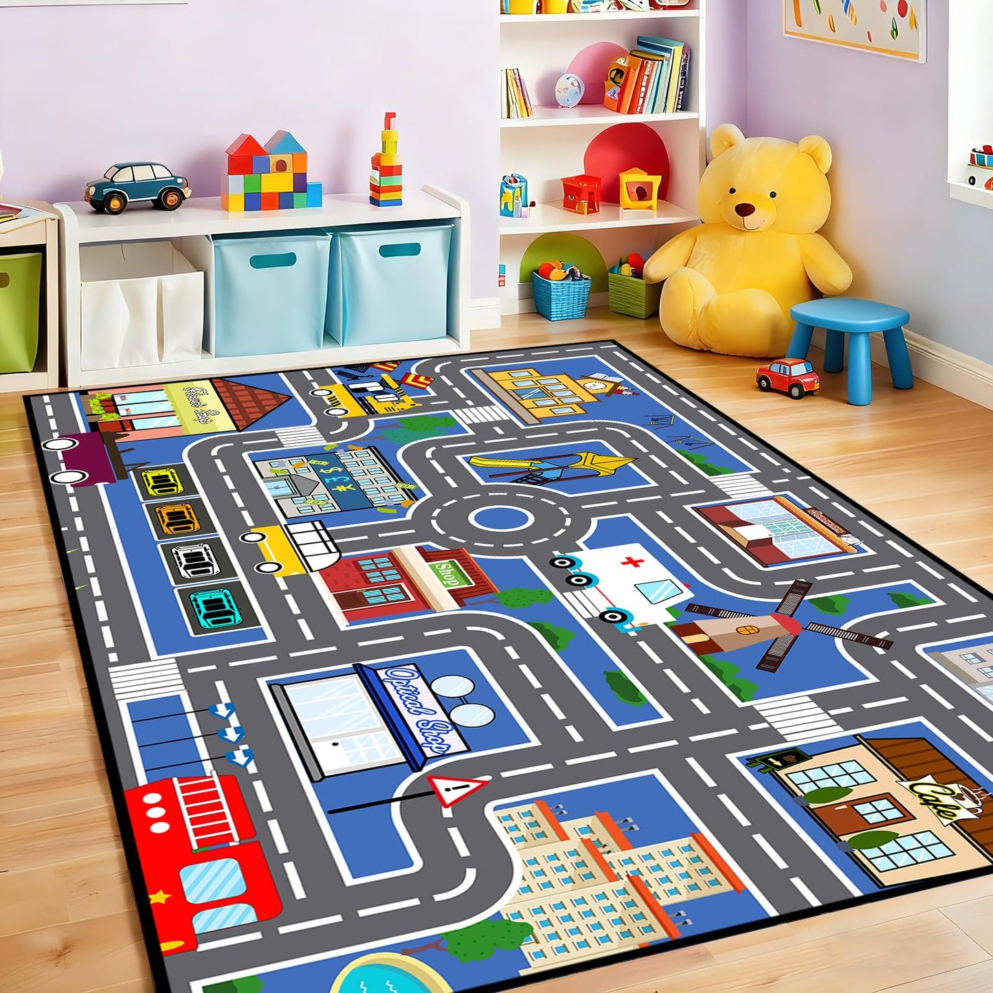 Car Rugs for Kids Toy Cars - Car Track Carpet Blue Road Rug for Kids, Car Traffic Road Play Mat for Room Bedroom Decor, 4'×5'