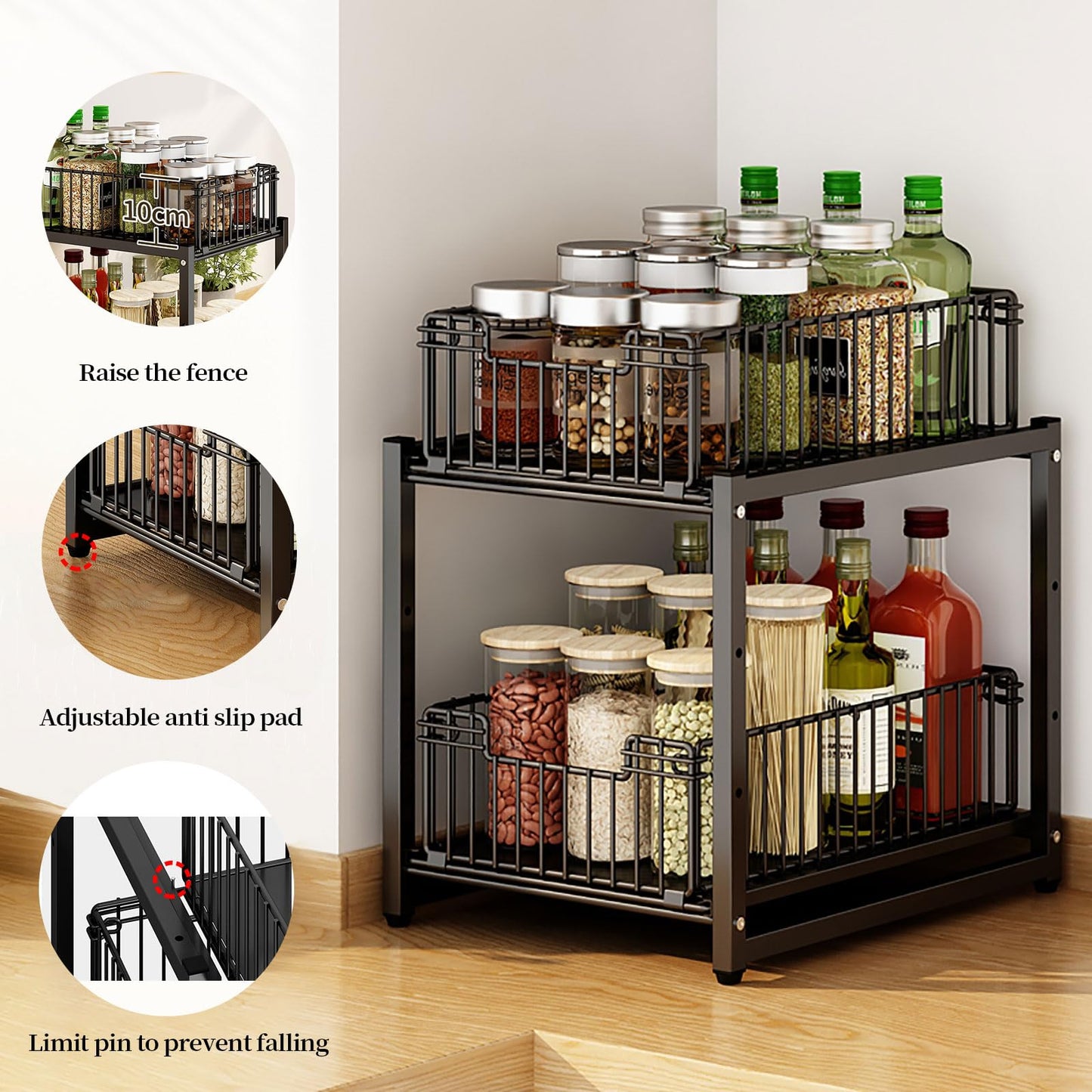 Under Sink Organizer, 2-Tier Pull Out Cabinet Organizer, Kitchen Bathroom Organizer and Storage, Spice Rack for Kitchen, Multi-use Sliding Drawers Shelves, Pack of 2