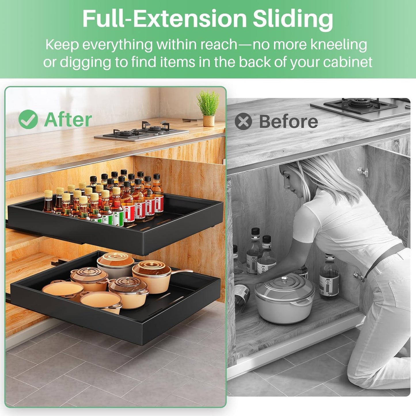 Skiennix Pull-Out Cabinet Organizer - Heavy Duty Slide-Out Drawers for Kitchen & Bathroom | 21" Deep, 11.8" Wide, Black