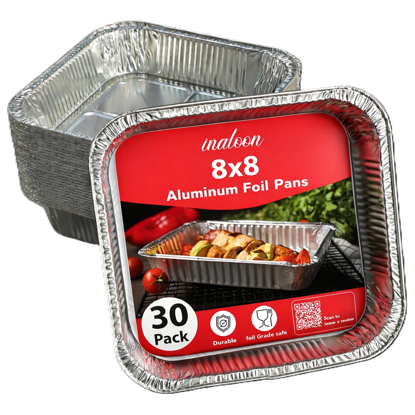 Inaloon 8x8 Aluminium Foil Pans – 30 Pack Disposable Aluminium Pans for Baking, Roasting, Cooking, Meal Prep & Food Storage
