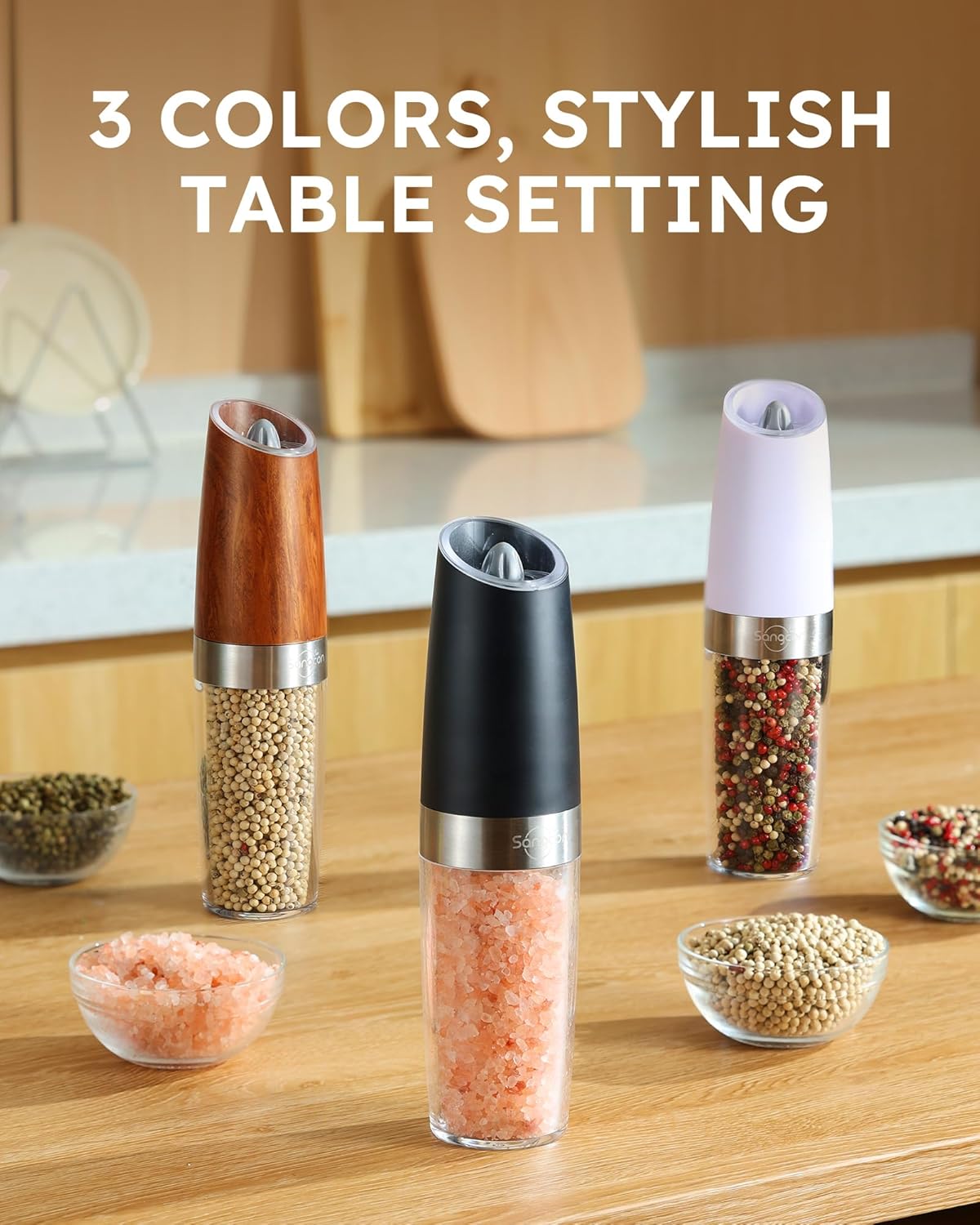Sangcon Electric Salt and Pepper Grinder Set - Upgraded 9oz XL Capacity | Battery Powered, One-Hand Operation, Adjustable Coarseness