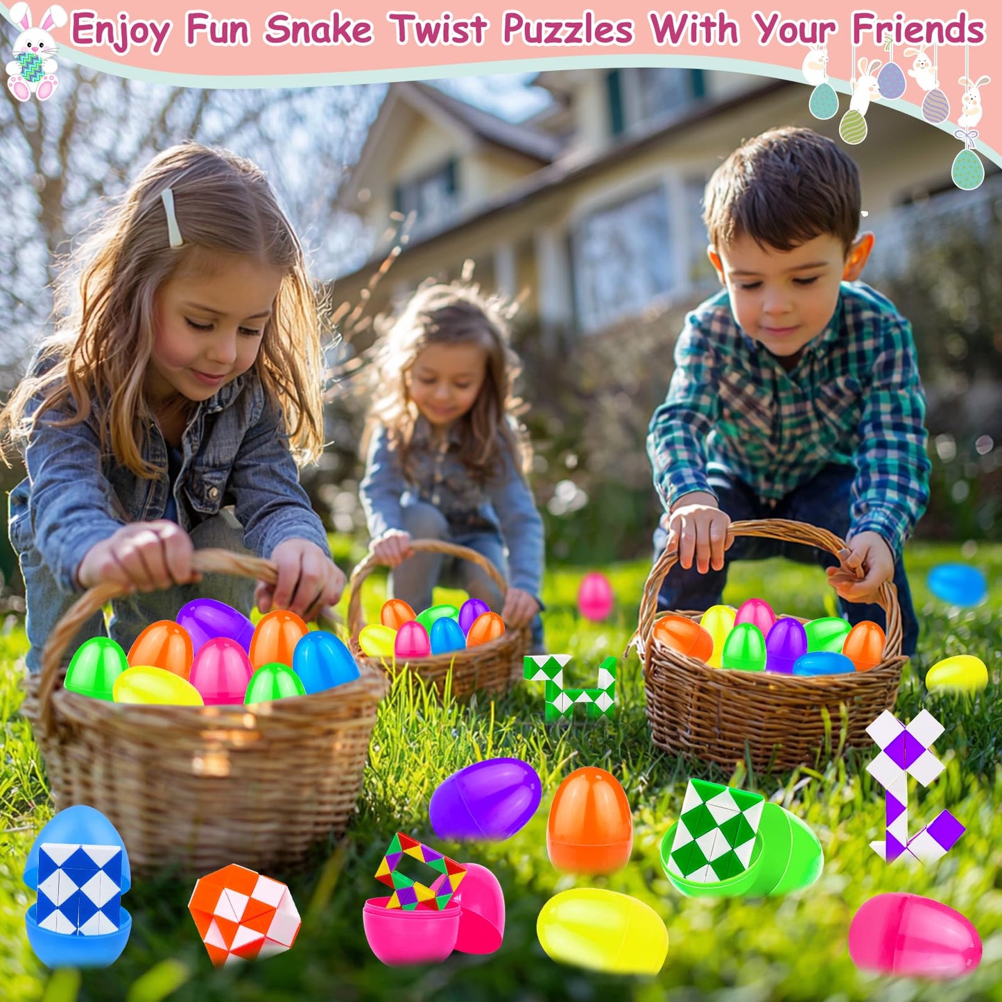 12 Pack Filled Easter Eggs with Snake Cubes Twist Puzzle Toys, Easter Basket Stuffers Fillers Gifts Stress Relief Fidget Toys for Teens Kids Basket Essential Egg Hunt Party Favor Classroom Reward