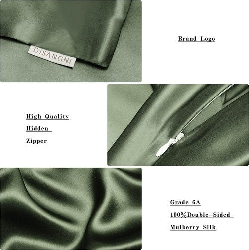 DISANGNI 100% Silk Pillow Cases - 22 Momme Mulberry Silk for Hair & Skin | Standard Size 20"x26" Green (2 Pack)