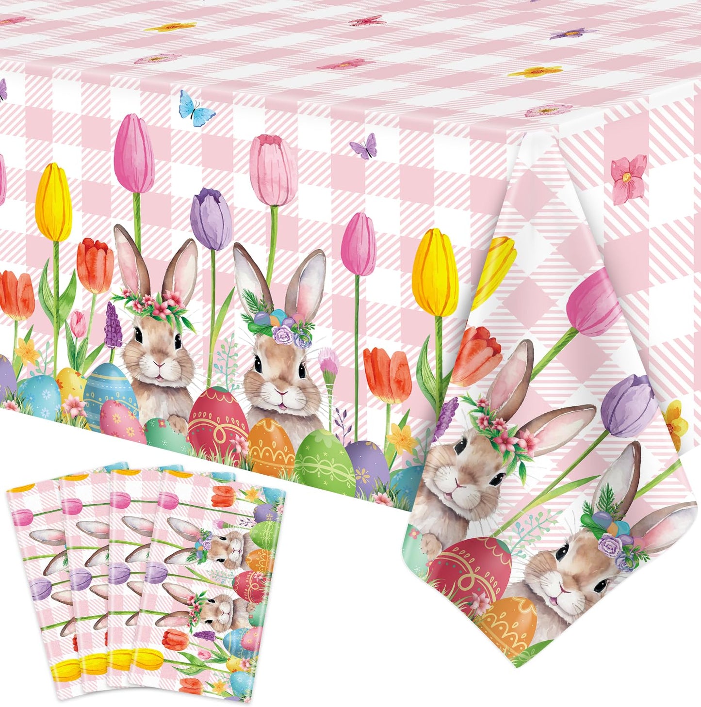 TJYJOY 4 Pack Easter Tablecloth Spring Tulip Buffalo Bunny Table Cloth Disposable Rectangle Table Covers Easter Decorations for Picnic Spring Birthday Party Supplies 51 x 86in