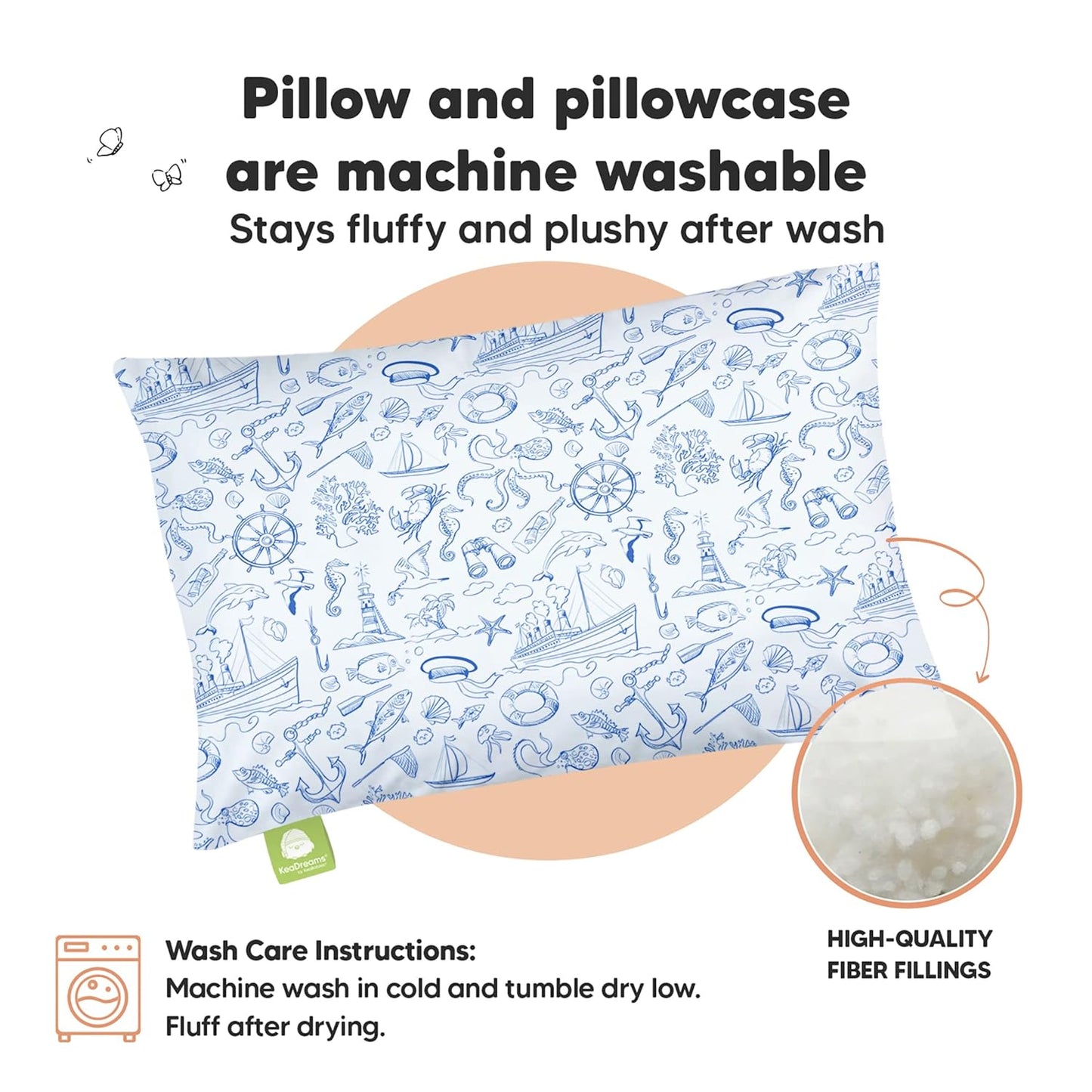 My Little Dreamy Toddler Pillow - Organic Cotton Travel Bed Pillow with Case | Soft & Breathable, 13x18 Inches, Ideal for Ages 2-5 (Nautical)