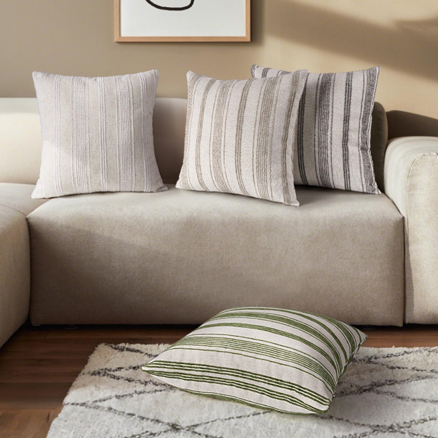 AELS 20x20 Decorative Farmhouse Linen Throw Pillow Covers, Beige with Olive Green Chenille Striped Pillow Case, Set of 2, Boho Textured Cushion Cover for Sofa Couch Living Room (Cover ONLY)