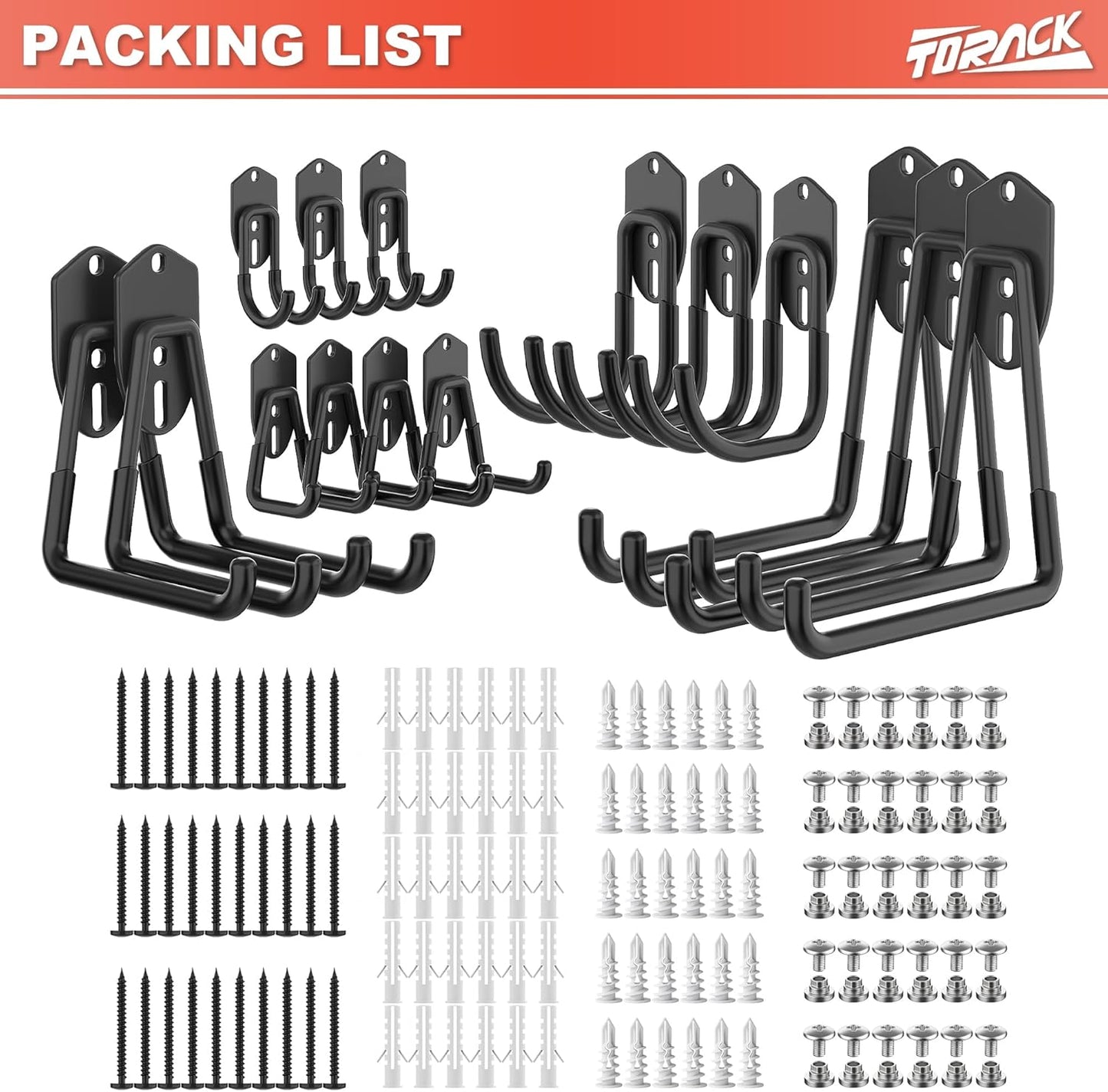 TORACK Garage Storage System Hooks - 15 PCS Wall-Mount Utility Hooks for Tools, Ladders & More (Black)