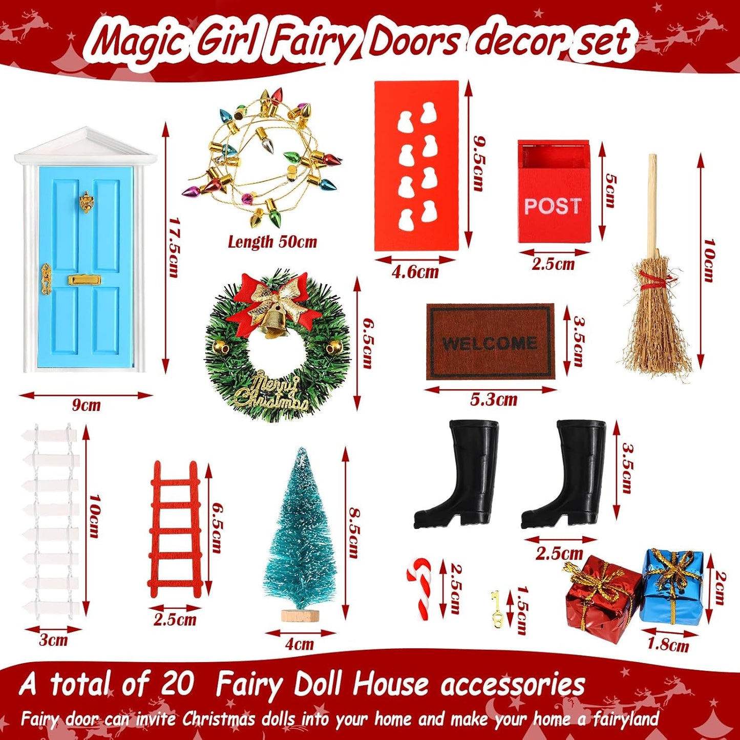Skiennix Christmas Elf Fairy Doors - 20 Pcs Enchanted Miniature Outdoor Decor | Red & Blue