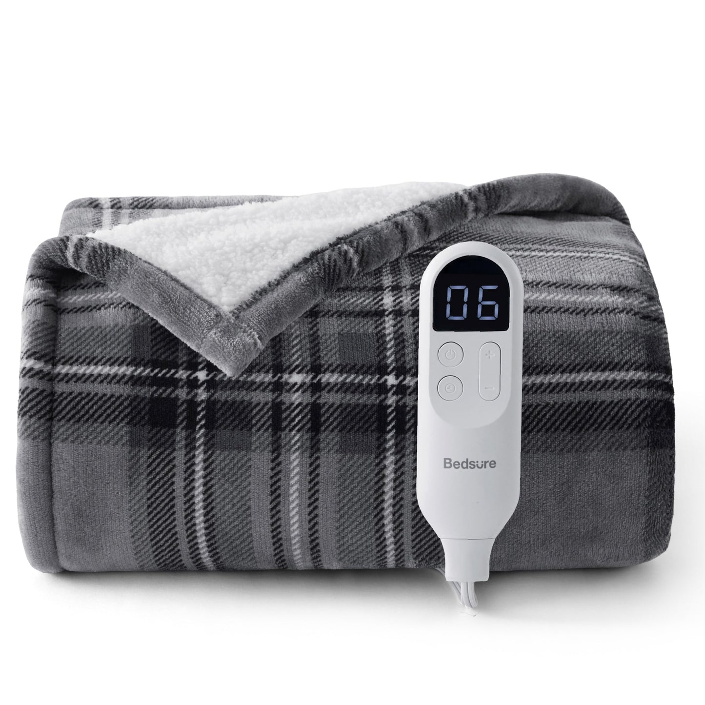 Bedsure Plaid Heated Throw Blanket - Flannel Sherpa Electric Blanket with Plaid Pattern, Heating with 6 Heating Levels, 4 Time Settings, 3-Hour Auto-Off, Warm Gifts for Grandma (Grey, 50"x60")
