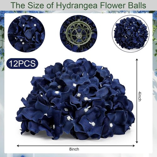 Hydrangea Flower Balls - 12 PCS Artificial Silk Floral Arrangements, 8.27 Inch Navy Blue Kissing Balls for Wedding & Home Decor