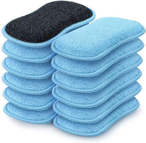 HOMEXCEL Multi-Purpose Scrub Sponges - Non-Scratch Microfiber for Efficient Dish Cleaning | 12 Pack (Blue)