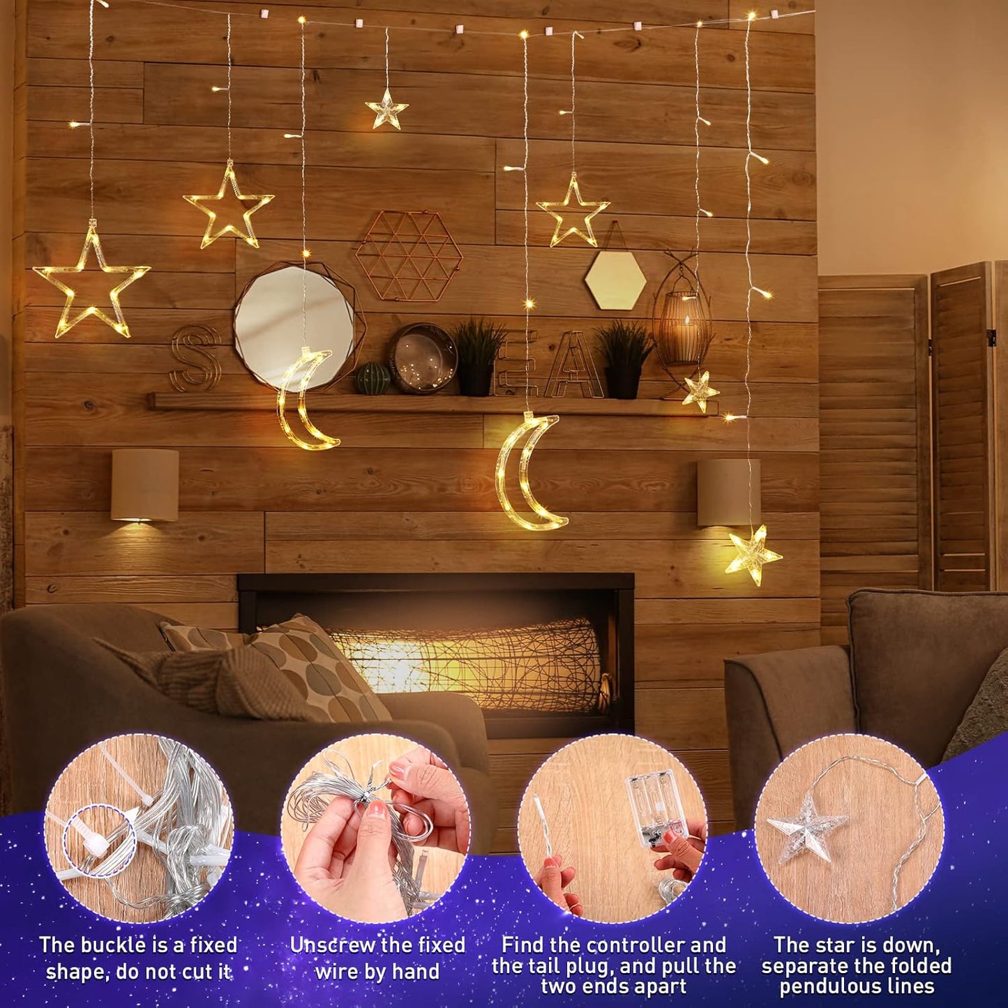 Riakrum LED Star and Moon String Lights - 11.48 ft Waterproof Warm White Fairy Lights for Bedroom & Party Decor