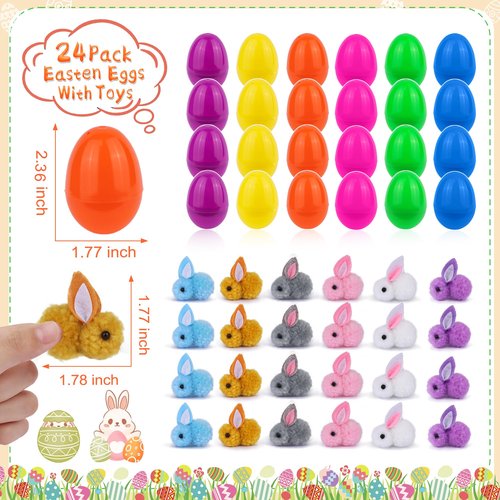 24 Pack Easter Egg Fillers with Easter Bunny Plush, Easter Eggs with Toys Inside, Mini Stuffed Animals Filled Easter Eggs Hunts Party Favors, Easter Basket Stuffers for Kids Toddler Teens Boys Girls