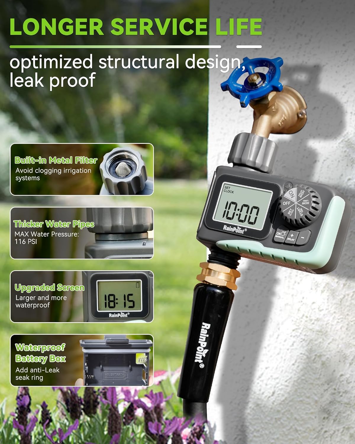 RAINPOINT Sprinkler Timer - Programmable Water Timer for Garden Hose | Digital Irrigation System for Lawn & Yard