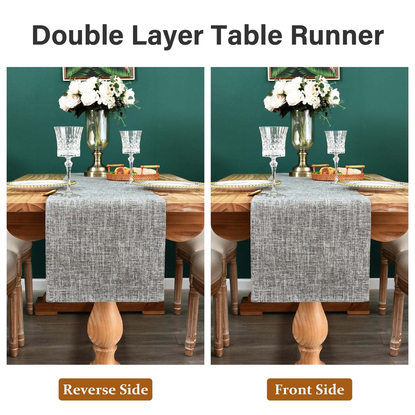 Farmhouse Rustic Faux Linen Table Runner Neutral Grey Table Runners Double Layer Reversible Rectangle Runners for Daily Use Kitchen Dining Banquet Holiday 13x36 Inch