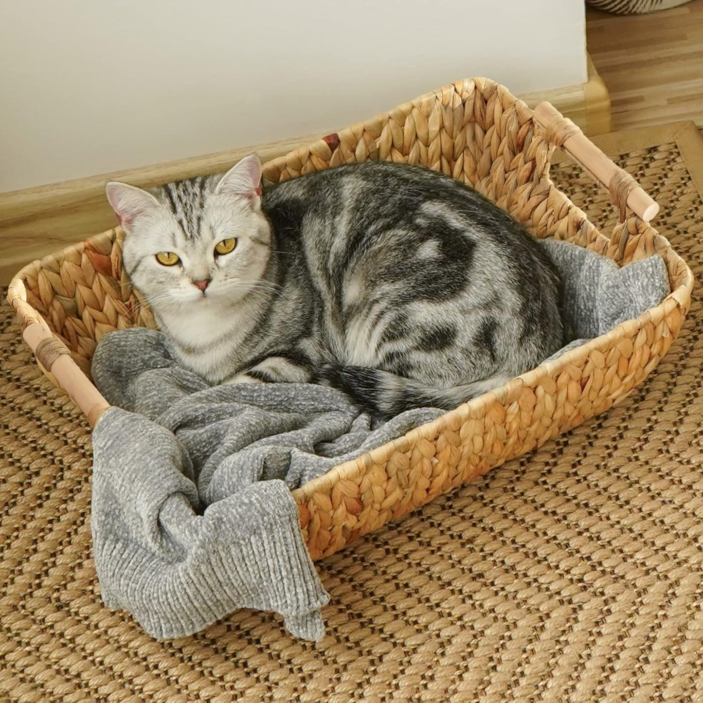 StorageWorks Hand-Woven Storage Baskets - Durable Water Hyacinth Wicker with Wooden Handles | 2 Pack