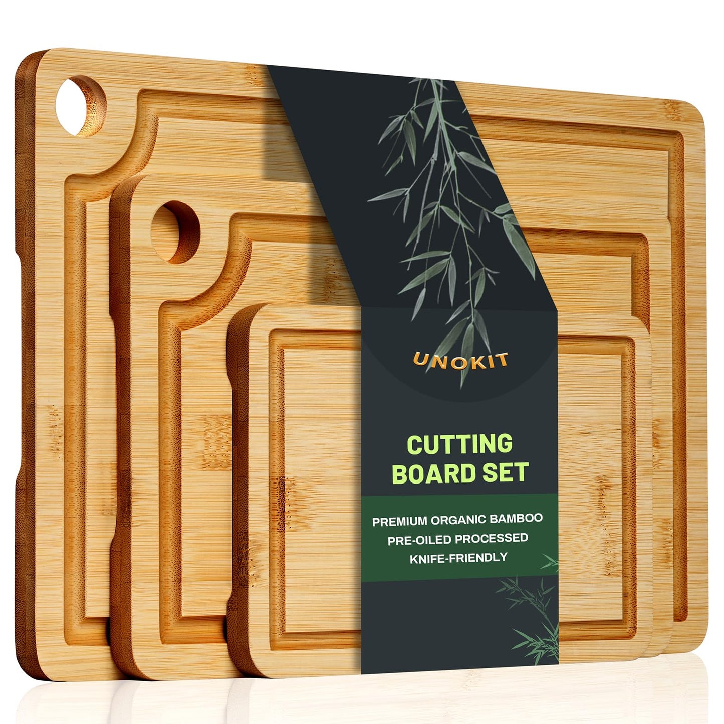 Unokit 3PCS Bamboo Cutting Boards Set - Large Natural Wooden Cutting Boards with Juice Groove & Built-in Handles，Ideal Charcuterie & Chopping for Meat, Vegetables, Dishwasher Safe