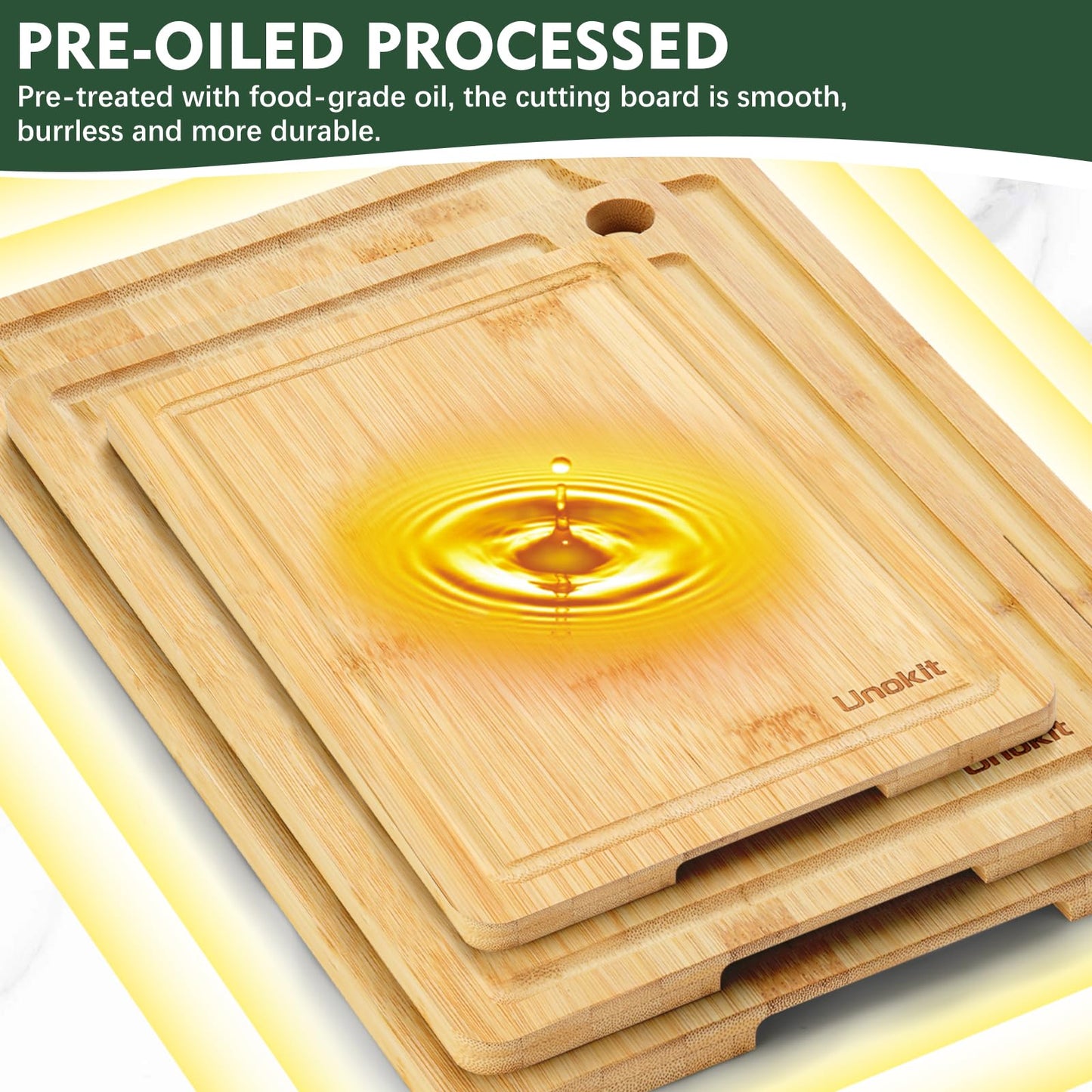 Unokit 3PCS Bamboo Cutting Boards Set - Large Natural Wooden Cutting Boards with Juice Groove & Built-in Handles，Ideal Charcuterie & Chopping for Meat, Vegetables, Dishwasher Safe