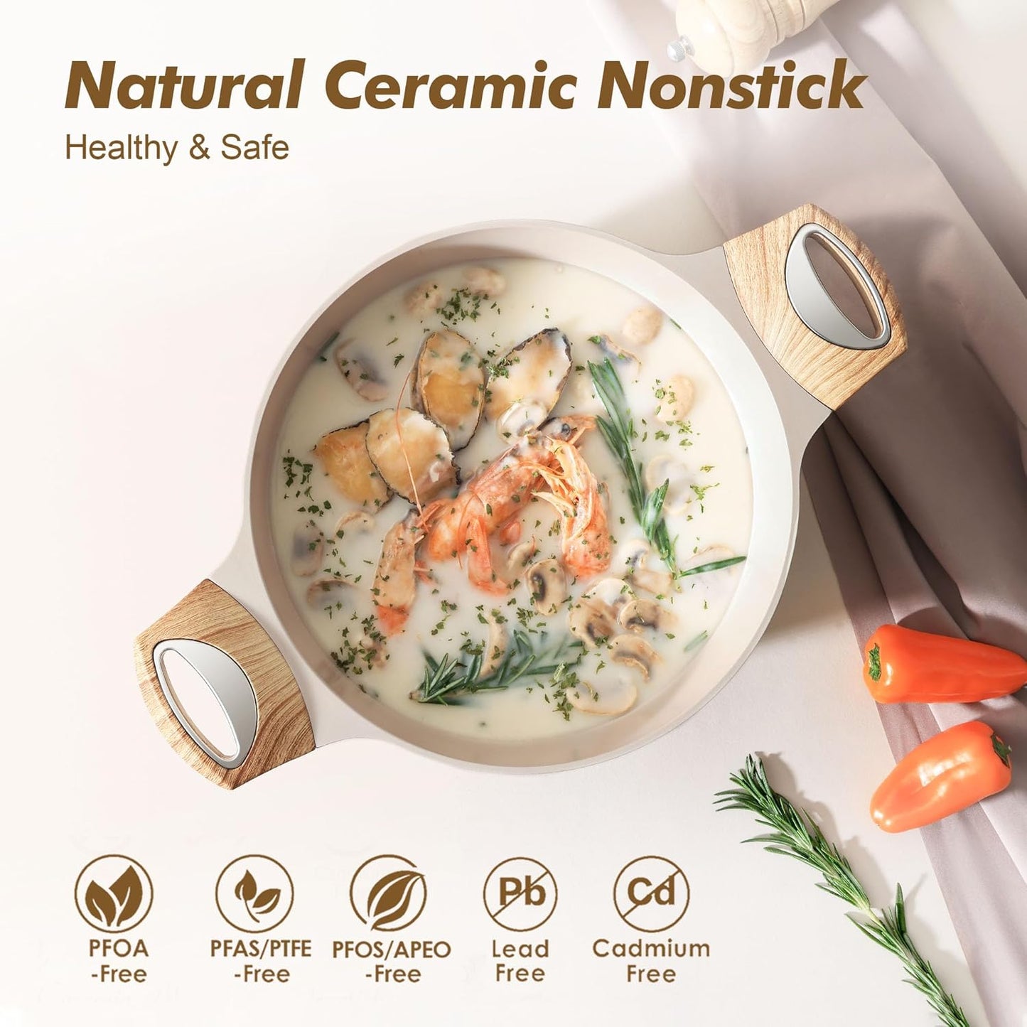 SENSARTE Nonstick Ceramic Stock Pot - Healthy 2.6/4.5/6.6/8.5 QT Soup & Casserole Pot | Induction Compatible, Taupe