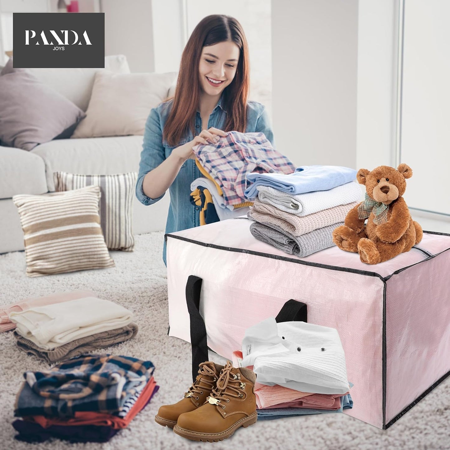 PANDA JOYS Extra Large Moving Bags - Heavy-Duty Storage Totes with Zippers & Handles | 8 Pack, Semi-Transparent