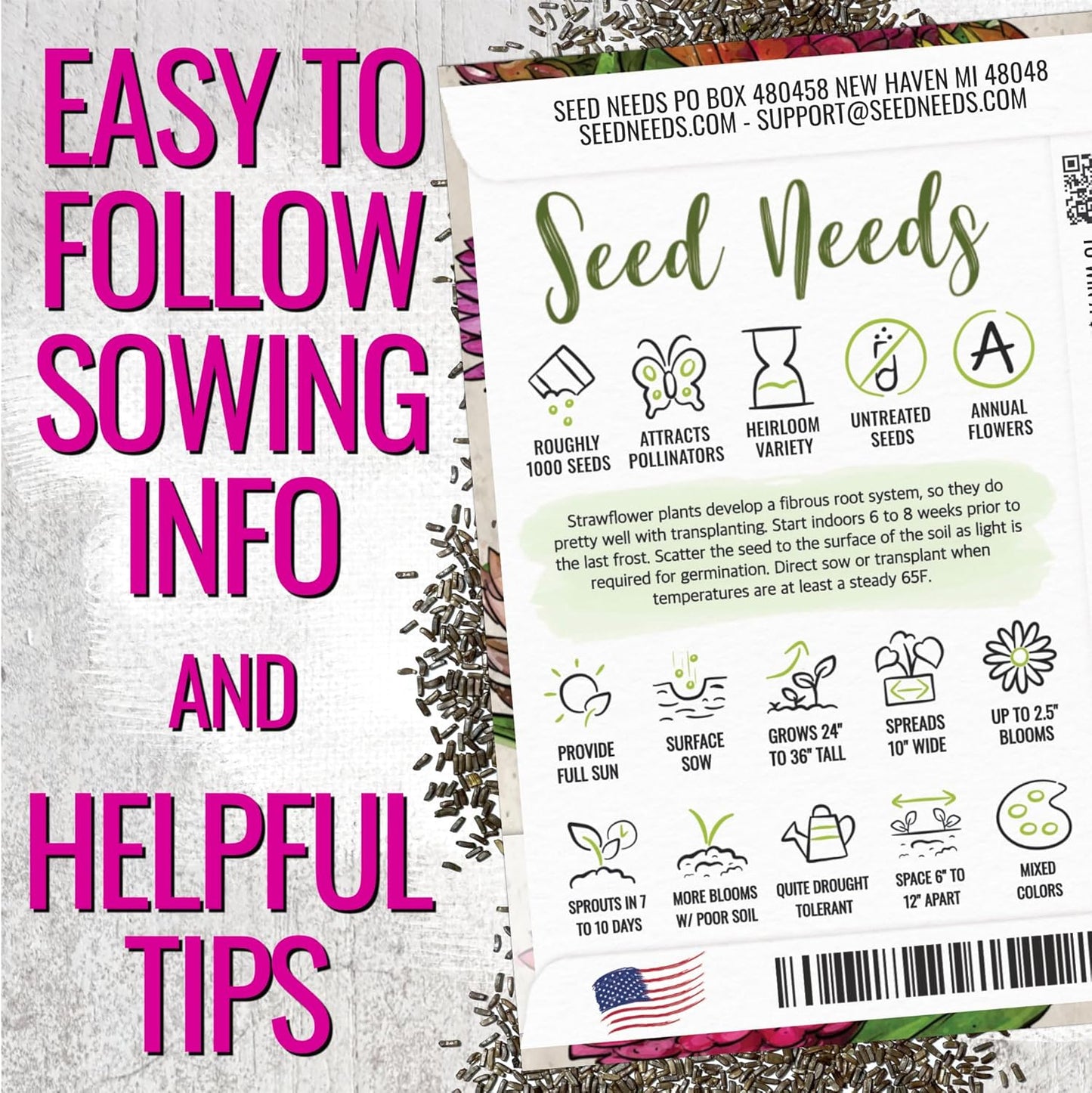 Seed Needs Strawflower Seeds - Heirloom Annual Flower Seeds for Colorful Butterfly Gardens | 1 Pack