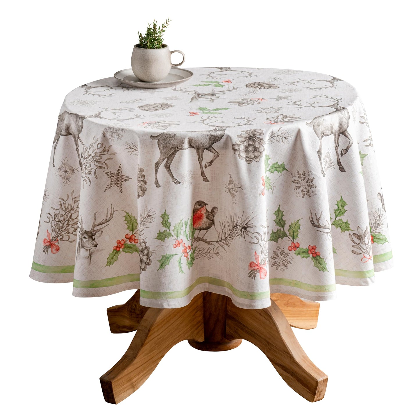 Maison d' Hermine Table Cloth Round Table 100% Cotton 63 Inches Fall Tablecloth Reusable Everyday Use for Thanksgiving Christmas Decorations Dining Farmhouse Party (Christmas Dew)