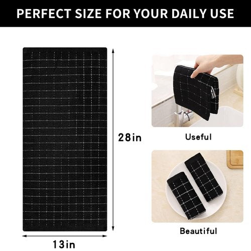 Homaxy 100% Cotton Terry Kitchen Towels(Black, 13 x 28 inches), Checkered Designed, Soft and Super Absorbent Dish Towels, 24 Pack