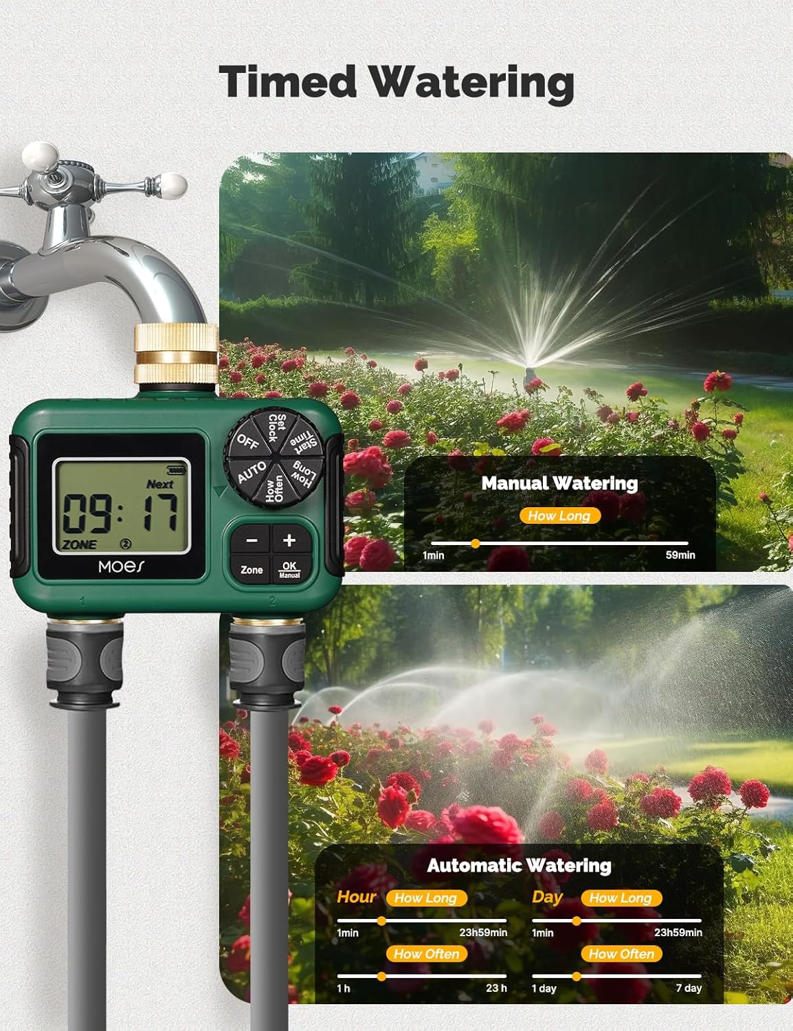MOES 2-Zone Sprinkler Timer - Programmable Automatic Irrigation Controller with Brass Inlet & Outlet