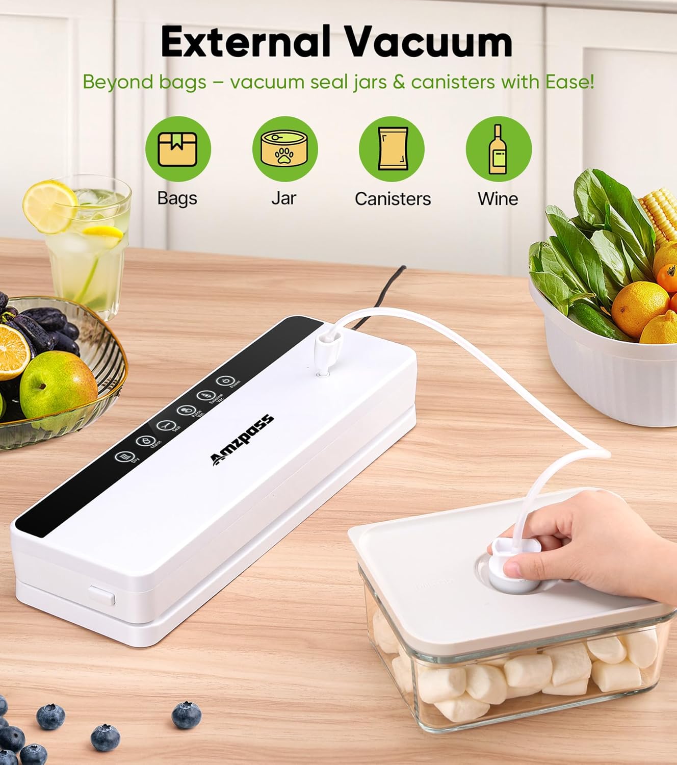 Skiennix Vacuum Sealer - 6-in-1 Food Preservation Machine with 80kPa Suction Power | Compact Design, 10 Bags Included, White