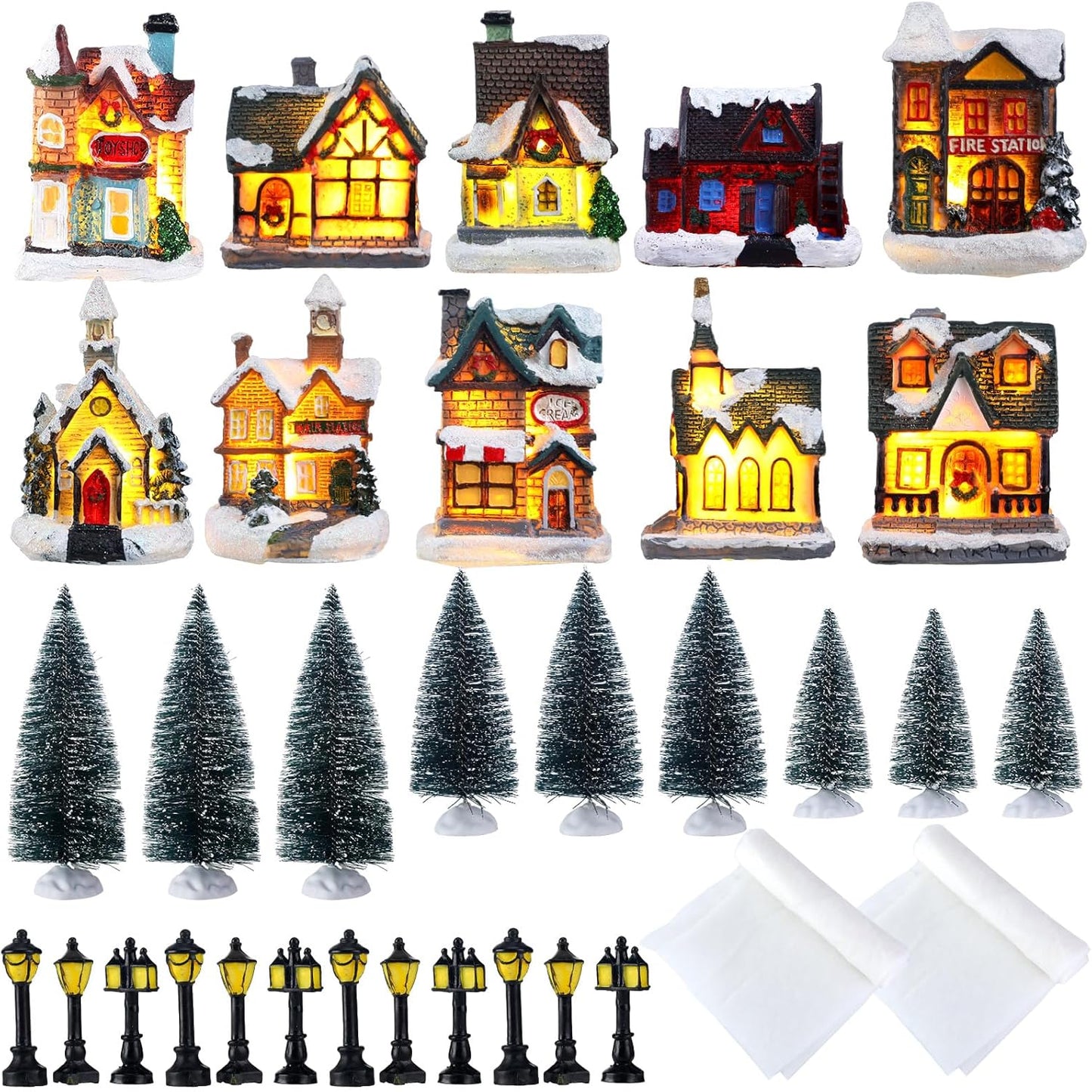 Shappy Christmas Village Houses Set - 48 Pcs with 10 Light-Up Buildings, Mini Trees & LED Lights