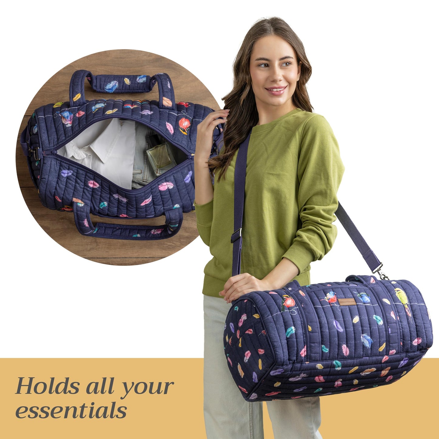 Maison d' Hermine Weekend Duffel Bags for Women Cotton Quilted Overnight Luggage Weekend Bag for Men Gym Sports Gifts Travel Business Travellers Trip Mothers Day Gifts -Birdies on Wire - Navy