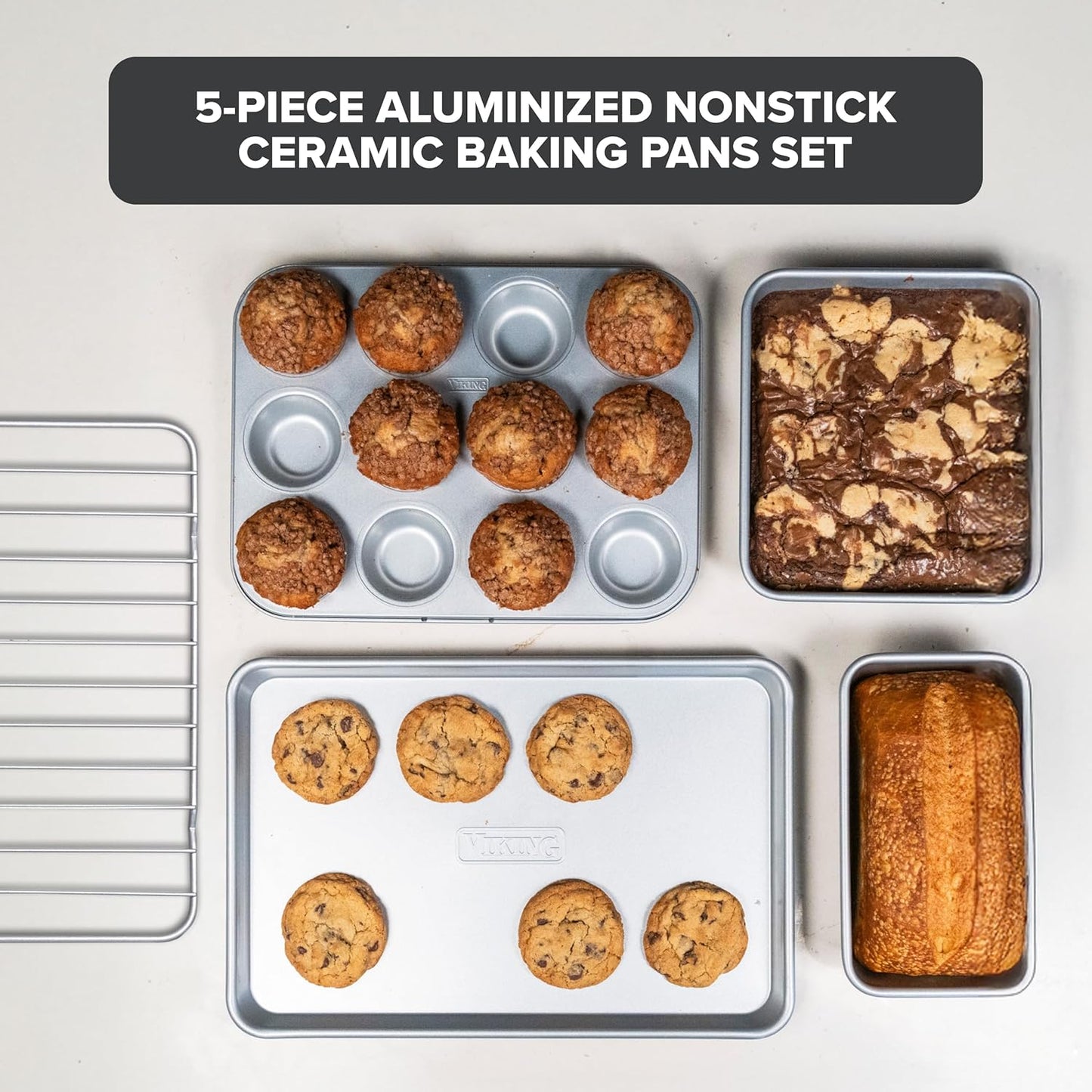 Viking Premium 5-Piece Nonstick Ceramic Baking Pans Set - PFAS-Free Heavy Gauge Bakeware | Oven Safe to 475°F, Silver