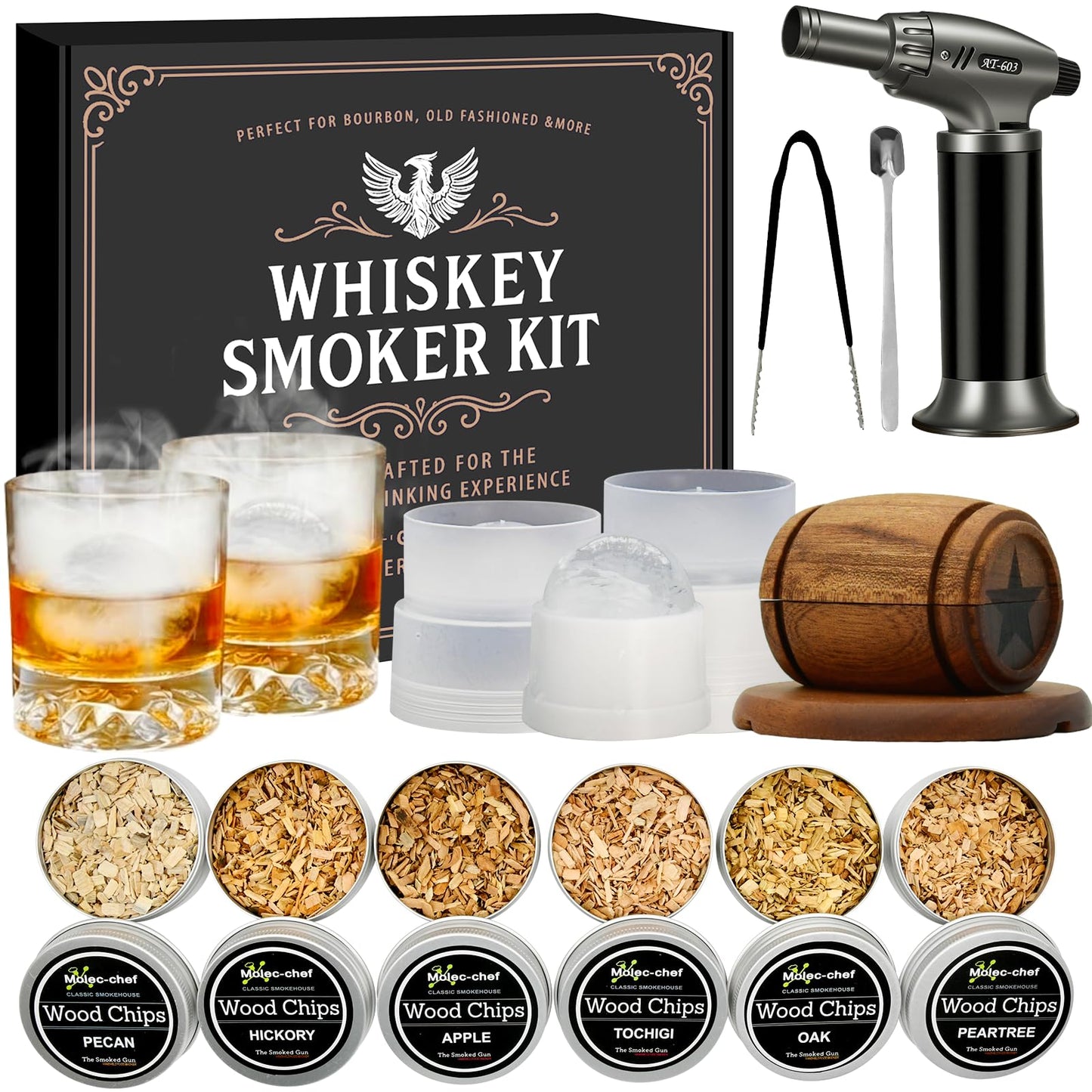 Whiskey Bourbon Cocktail Smoker Infuser Kit with Torch - 6 Flavors Wood Chips for Old Fashioned Drinks, Unique Anniversary Christmas Housewarming Gifts for Men,Dad,Father,Husband,Birthday (No Butane)